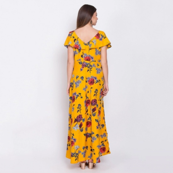 Generic Women's Crepe Floral Sleeveless Full Length Gown(Yellow)