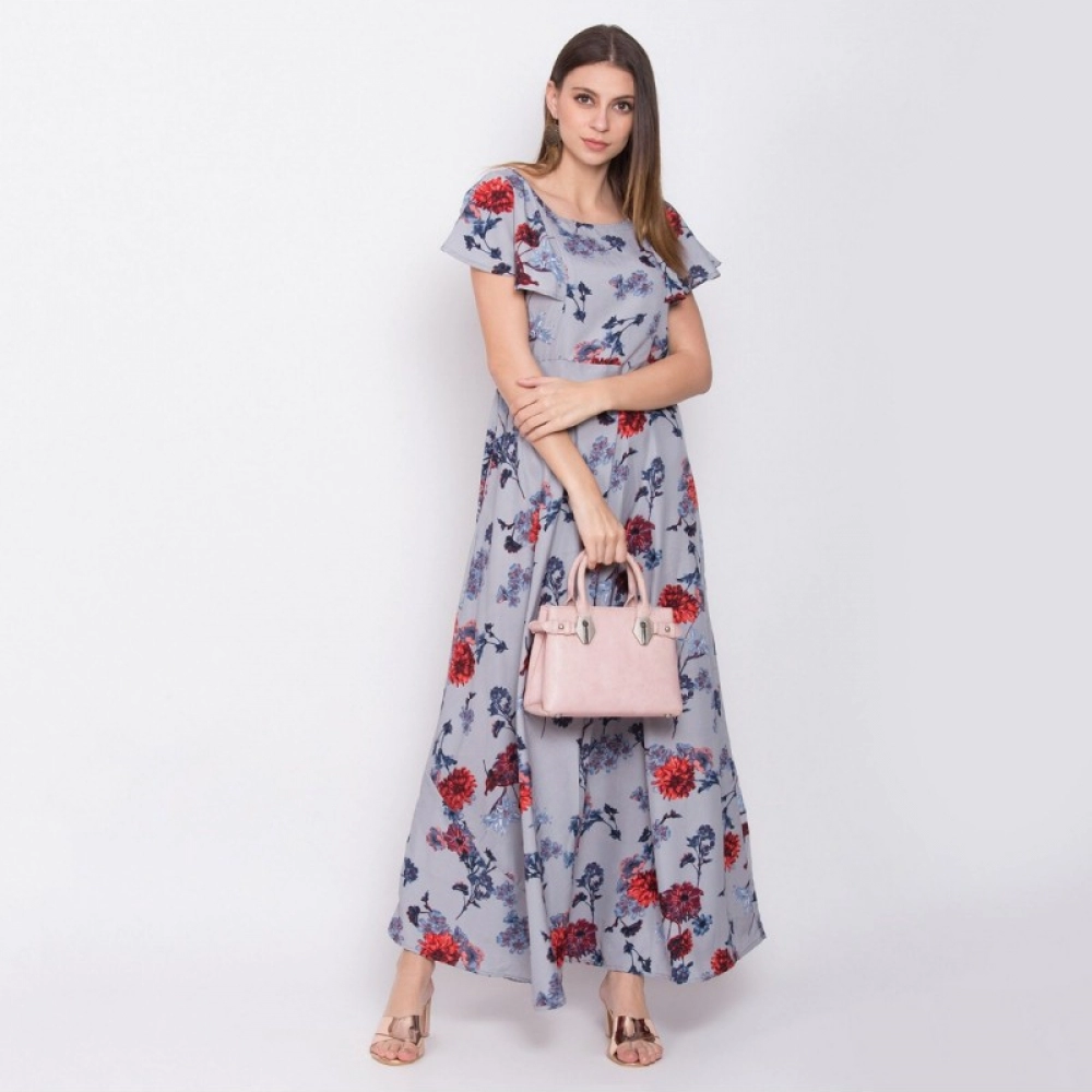 Generic Women's Crepe Floral Sleeveless Full Length Gown(Grey)