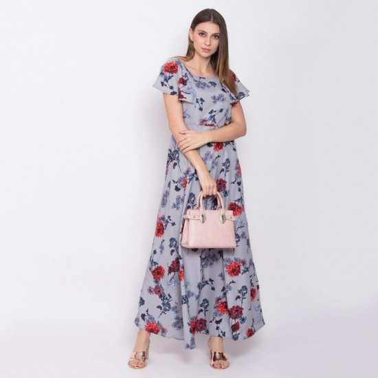 Generic Women's Crepe Floral Sleeveless Full Length Gown(Grey) Generic Women's Crepe Floral Sleeveless Full Length Gown(Grey)