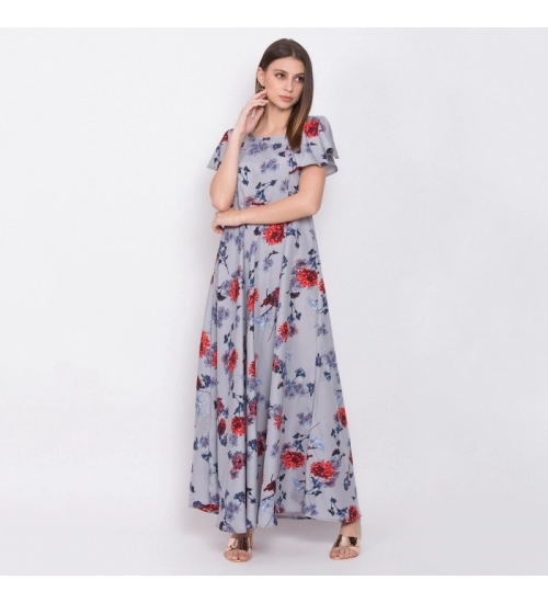 Generic Women's Crepe Floral Sleeveless Full Length Gown(Grey)