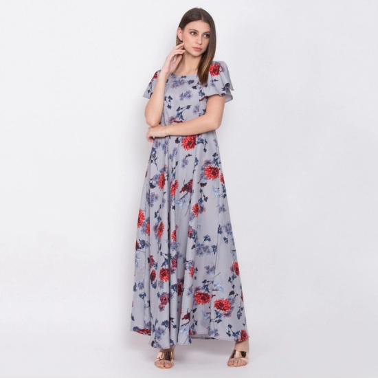 Generic Women's Crepe Floral Sleeveless Full Length Gown(Grey) Generic Women's Crepe Floral Sleeveless Full Length Gown(Grey)