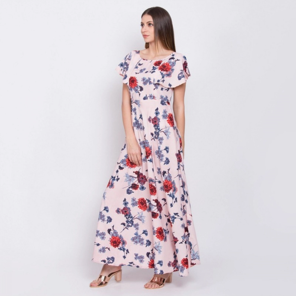 Generic Women's Crepe Floral Sleeveless Full Length Gown(Peach) Generic Women's Crepe Floral Sleeveless Full Length Gown(Peach)