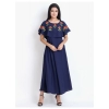 Generic Women's Crepe Embroidery Pattern Sleeveless Full Length Gown(Dark Blue)