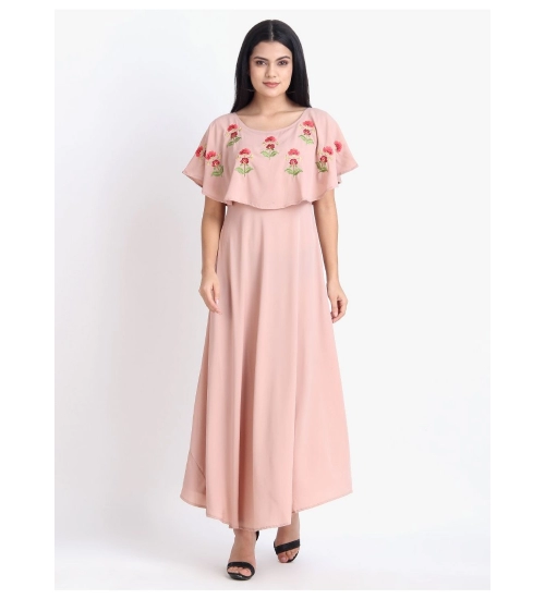 Generic Women's Crepe Embroidery Pattern Sleeveless Full Length Gown(Pink)
