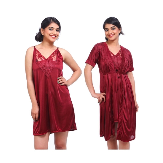 Women's Satin 2 PCs Set Of Nighty And Wrap Gown with Half Sleeve Nightdress(Color: Maroon, Neck Type: V Neck) Women's Satin 2 PCs Set Of Nighty And Wrap Gown with Half Sleeve Nightdress(Color: Maroon, Neck Type: V Neck)