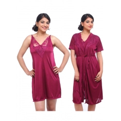Women's Satin 2 PCs Set Of Nighty And Wrap Gown with Half Sleeve Nightdress(Color: Wine, Neck Type: V Neck)