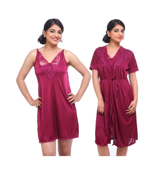 Women's Satin 2 PCs Set Of Nighty And Wrap Gown with Half Sleeve Nightdress(Color: Wine, Neck Type: V Neck)