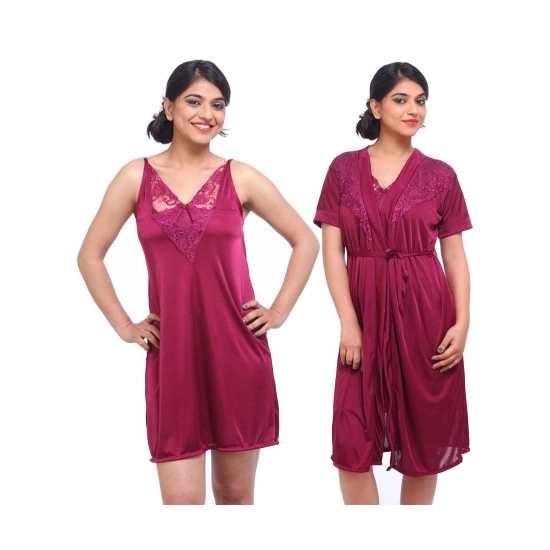 Women's Satin 2 PCs Set Of Nighty And Wrap Gown with Half Sleeve Nightdress(Color: Wine, Neck Type: V Neck) Women's Satin 2 PCs Set Of Nighty And Wrap Gown with Half Sleeve Nightdress(Color: Wine, Neck Type: V Neck)