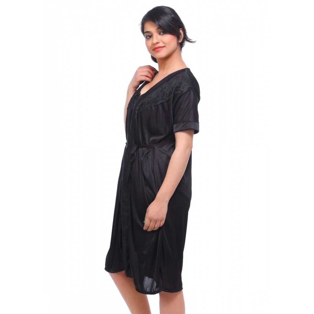 Women's Satin 2 PCs Set Of Nighty And Wrap Gown with Half Sleeve Nightdress(Color: Black, Neck Type: V Neck)
