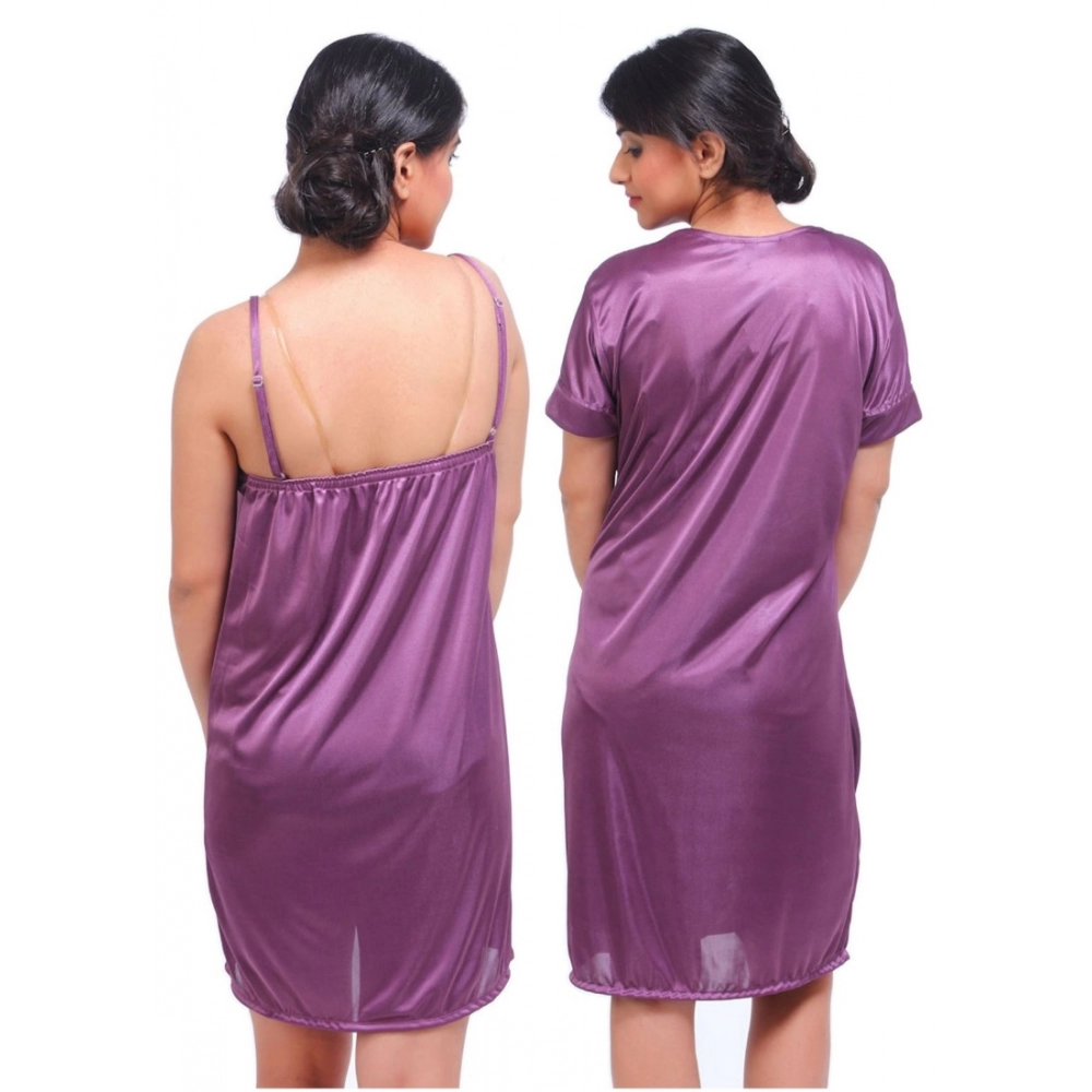 Women's Satin 2 PCs Set Of Nighty And Wrap Gown with Half Sleeve Nightdress(Color: Purple, Neck Type: V Neck)