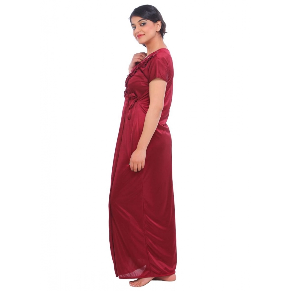 Women's Satin 2 PCs Set Of Nighty And Wrap Gown Mega Sleeve(Color: Maroon, Neck Type: Square Neck)