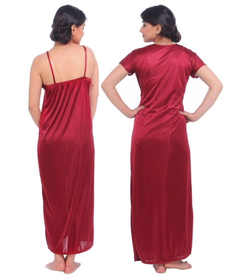 Women's Satin 2 PCs Set Of Nighty And Wrap Gown Mega Sleeve(Color: Maroon, Neck Type: Square Neck)