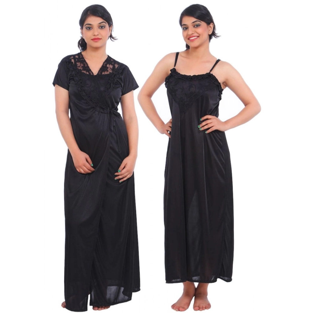 Women's Satin 2 PCs Set Of Nighty And Wrap Gown Mega Sleeve(Color: Black, Neck Type: Square Neck)