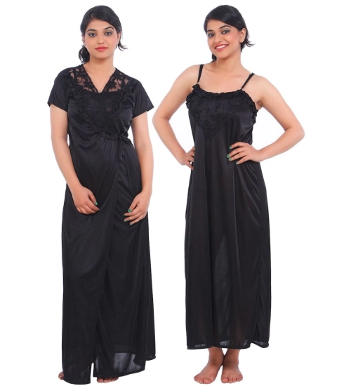 Women's Satin 2 PCs Set Of Nighty And Wrap Gown Mega Sleeve(Color: Black, Neck Type: Square Neck)