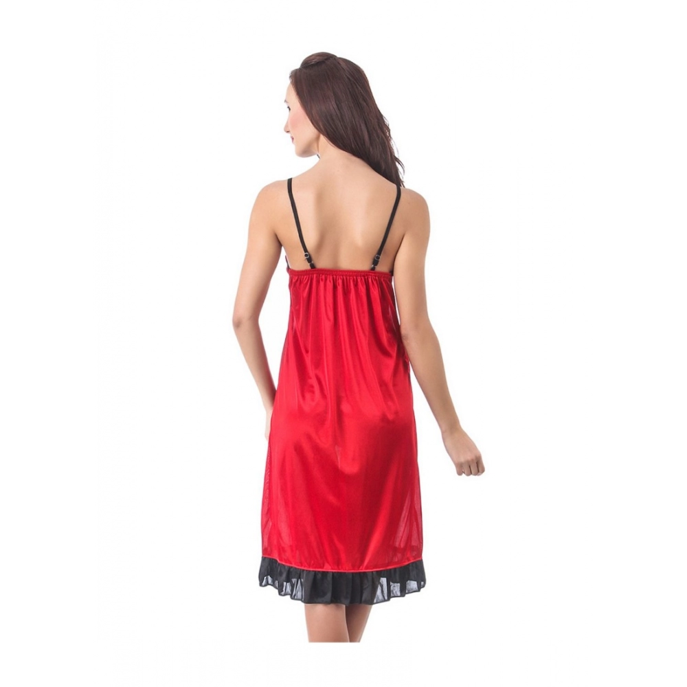 Women's Satin Short Nighty with Sleeve Less(Color: Maroon and Black, Neck Type: V Neck)
