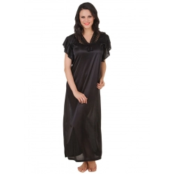 Women's Satin Long Nighty Frill Sleeve(Color: Black, Neck Type: V Neck)