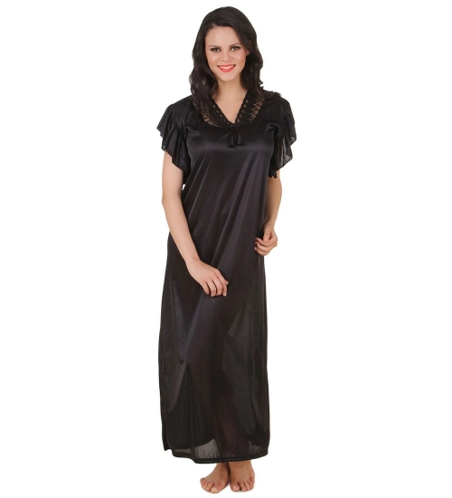 Women's Satin Long Nighty Frill Sleeve(Color: Black, Neck Type: V Neck)