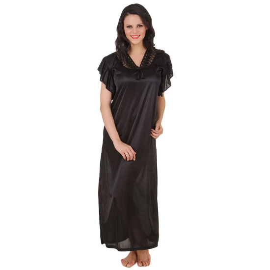 Women's Satin Long Nighty Frill Sleeve(Color: Black, Neck Type: V Neck)
