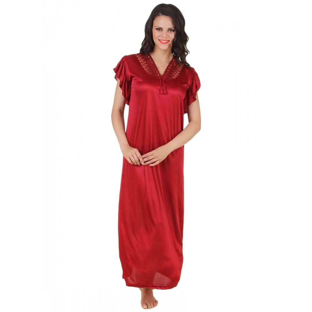 Women's Satin Long Nighty Frill Sleeve(Color: Maroon, Neck Type: V Neck)