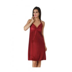 Women's Satin Short Nighty with Sleeve Less(Color: Maroon, Neck Type: Halter Neck)