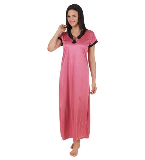 Women's Satin Long Nighty Mega Sleeve(Color: Strawberry Milk, Neck Type: V Neck)