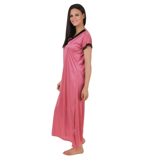 Women's Satin Long Nighty Mega Sleeve(Color: Strawberry Milk, Neck Type: V Neck)