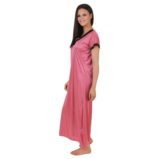 Women's Satin Long Nighty Mega Sleeve(Color: Strawberry Milk, Neck Type: V Neck)