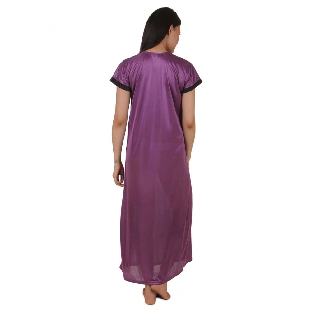Women's Satin Long Nighty Mega Sleeve(Color: Purple, Neck Type: V Neck)