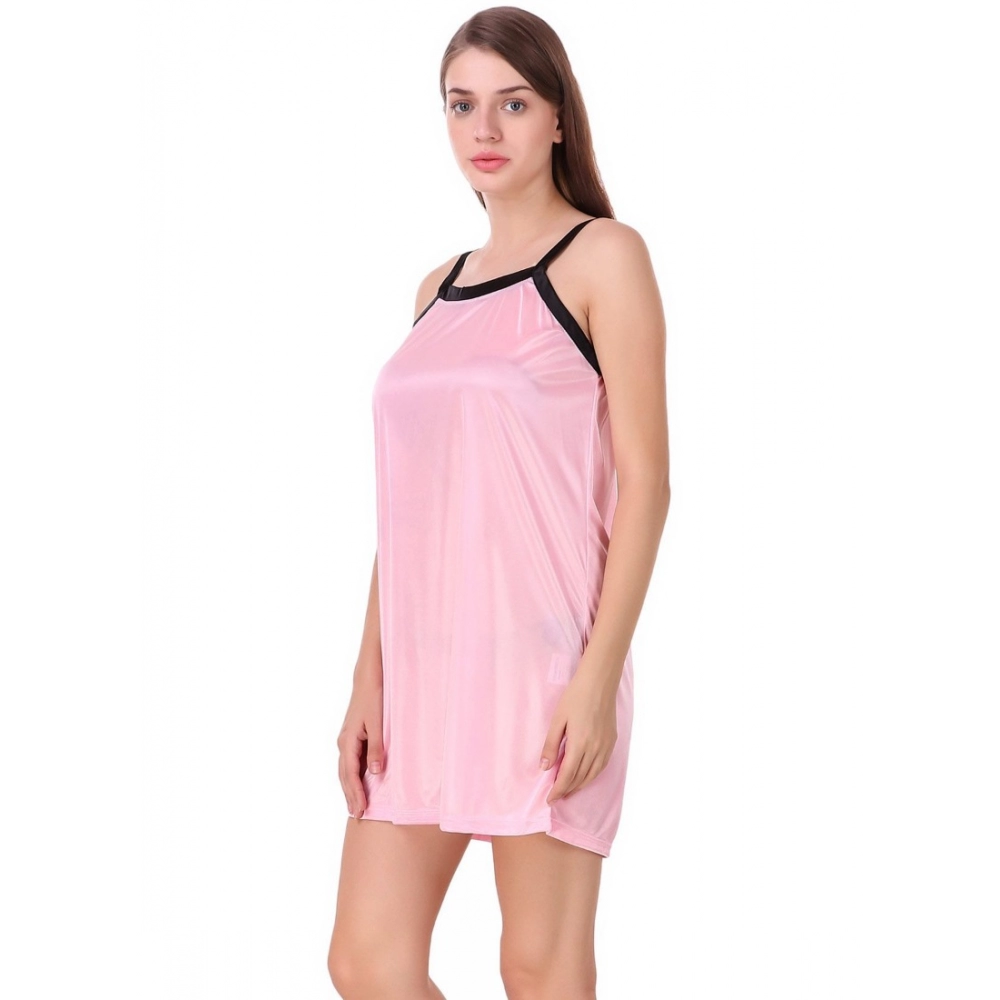Women's Satin Short Nighty with Half Sleeve(Color: Baby Pink and Black, Neck Type: V Neck)