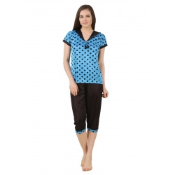 Women's Satin 3 Pc Set of Short Nighty, Top, Capry Half Sleeve(Color: Blue, Neck Type: V Neck)