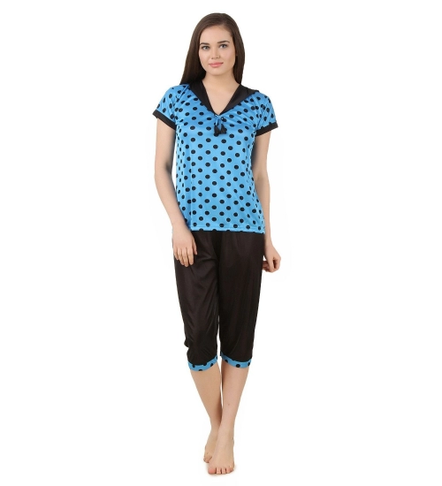 Women's Satin 3 Pc Set of Short Nighty, Top, Capry Half Sleeve(Color: Blue, Neck Type: V Neck)