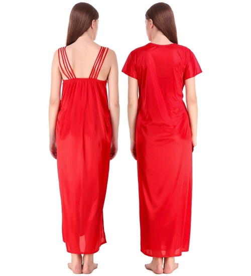 Women's Satin 2 PCs Set of Nighty And Wrap Gown with Half Sleeve(Color: Red, Neck Type: V Neck)