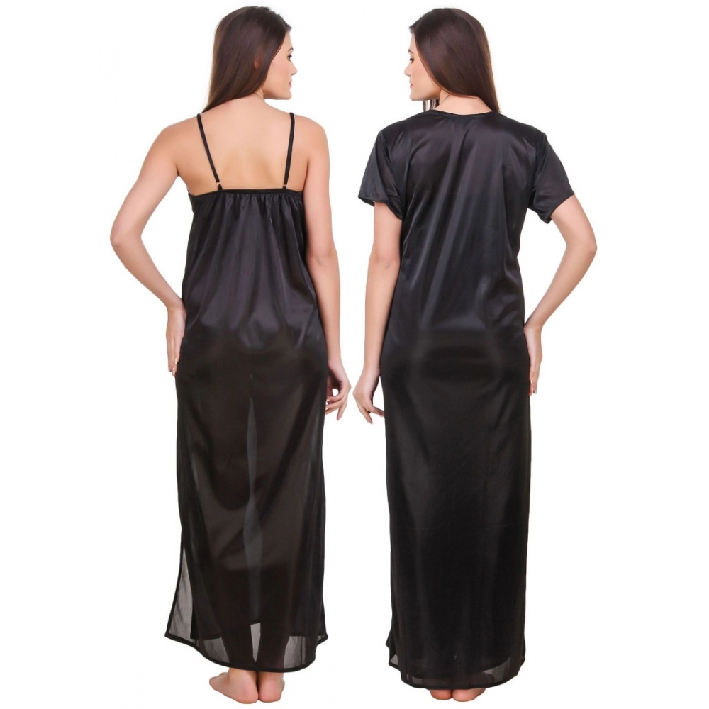 Women's Satin 2 PCs Set of Nighty And Wrap Gown with Half Sleeve(Color: Black, Neck Type: V Neck)