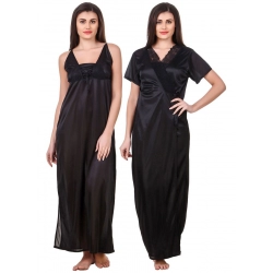 Women's Satin 2 PCs Set of Nighty And Wrap Gown with Half Sleeve(Color: Black, Neck Type: V Neck)
