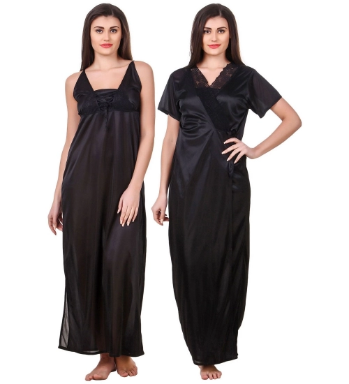 Women's Satin 2 PCs Set of Nighty And Wrap Gown with Half Sleeve(Color: Black, Neck Type: V Neck)