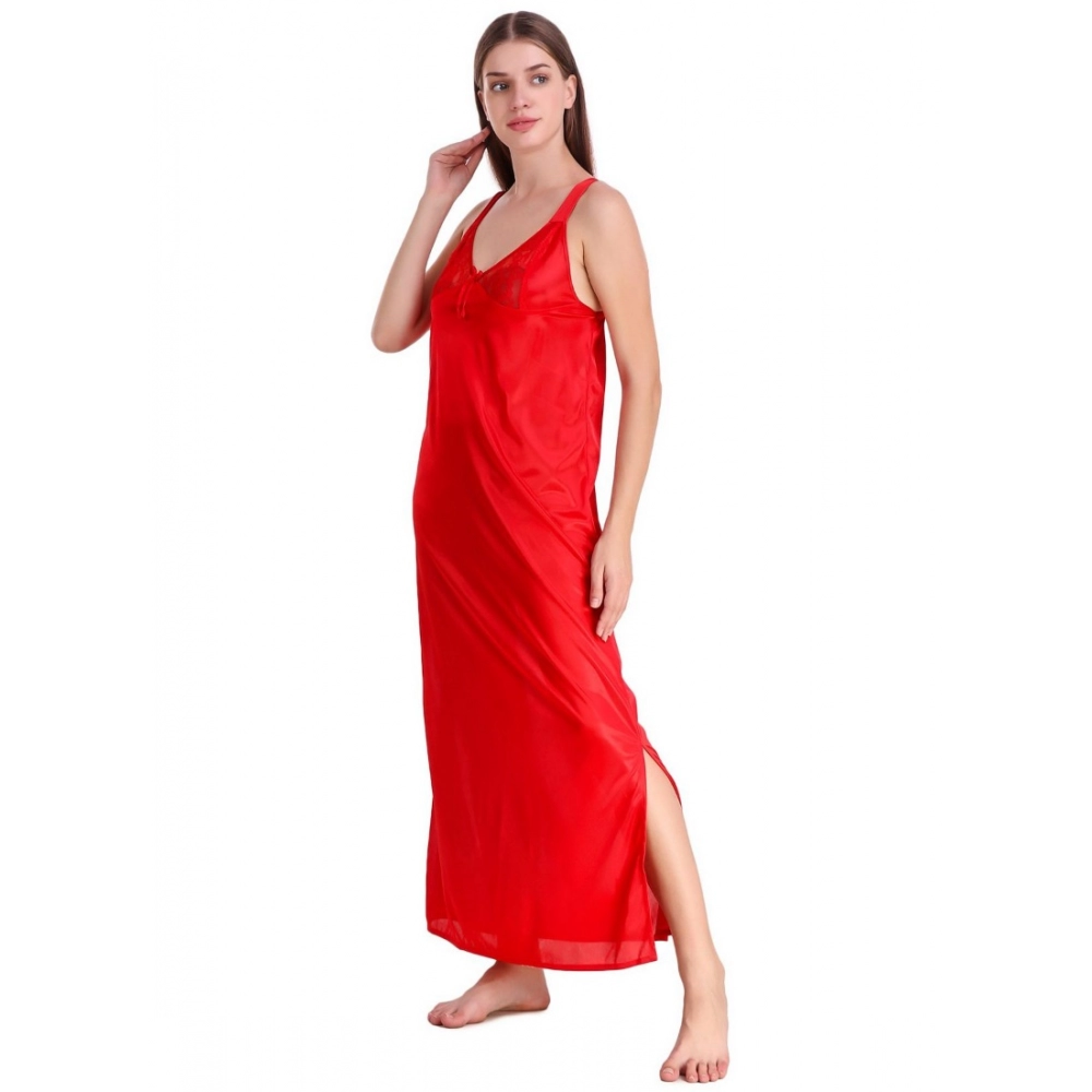 Women's Satin 2 PCs Set of Nighty And Wrap Gown with Half Sleeve(Color: Red, Neck Type: V Neck)