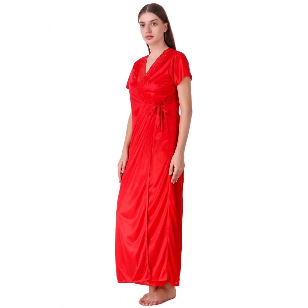 Women's Satin 2 PCs Set of Nighty And Wrap Gown with Half Sleeve(Color: Red, Neck Type: V Neck)