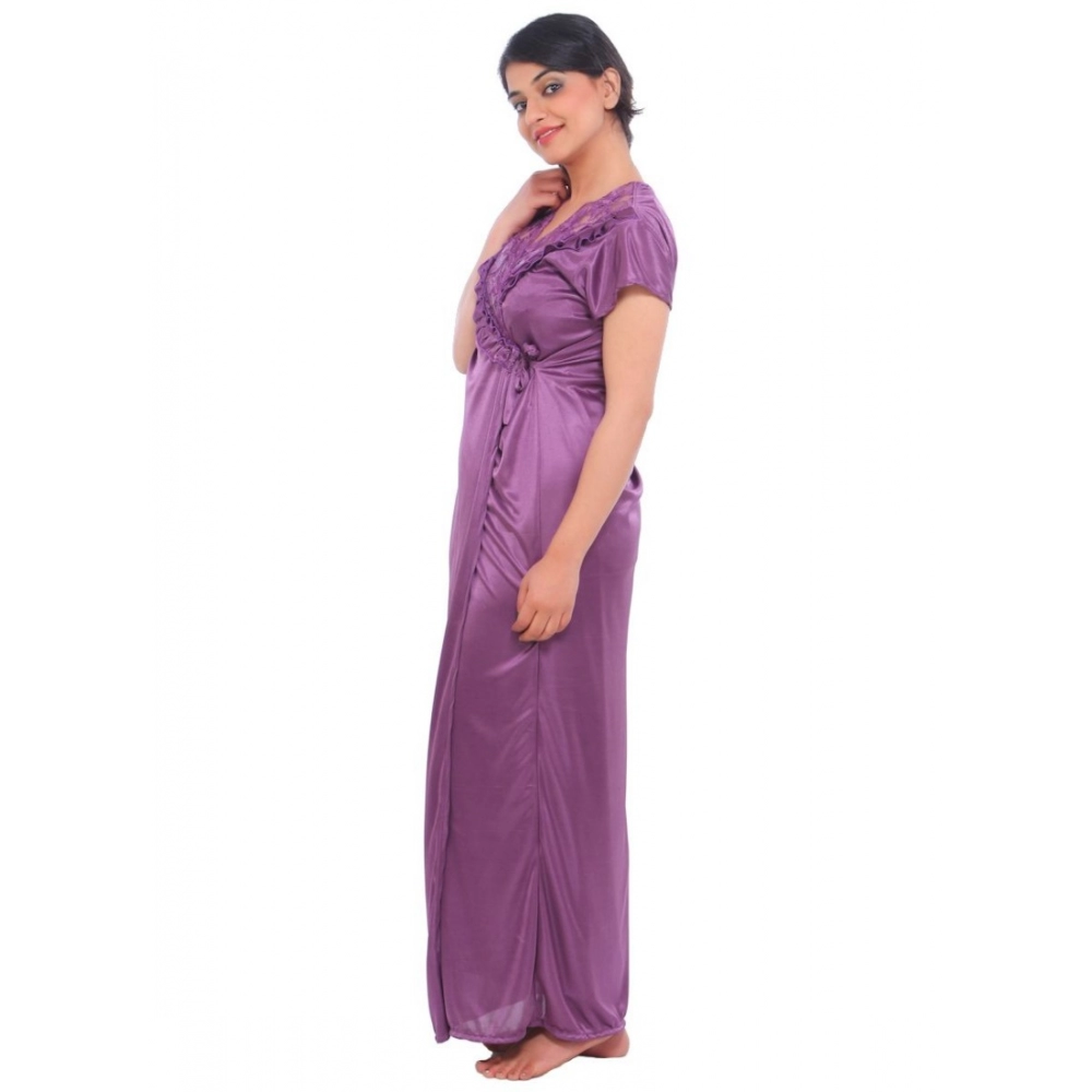Women's Satin 2 PCs Set Of Nighty And Wrap Gown Mega Sleeve(Color: Purple, Neck Type: Square Neck)