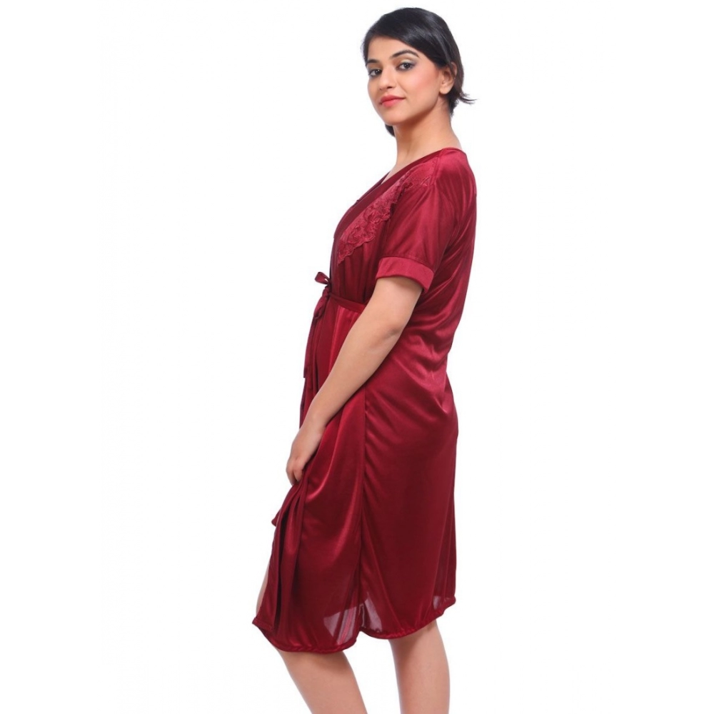 Women's Satin 2 PCs Set Of Nighty And Wrap Gown with Half Sleeve Nightdress(Color: Maroon, Neck Type: V Neck)