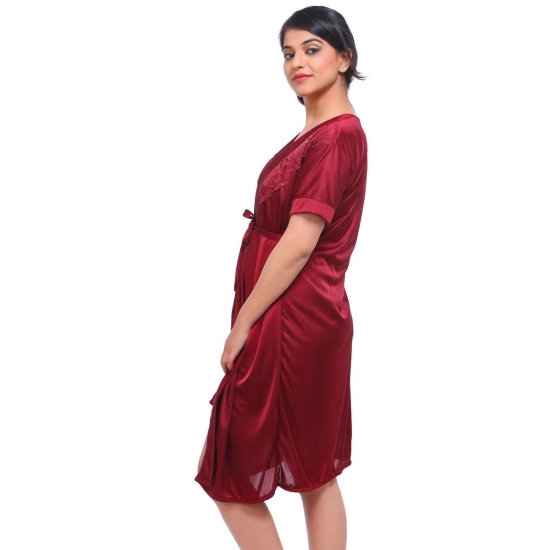 Women's Satin 2 PCs Set Of Nighty And Wrap Gown with Half Sleeve Nightdress(Color: Maroon, Neck Type: V Neck) Women's Satin 2 PCs Set Of Nighty And Wrap Gown with Half Sleeve Nightdress(Color: Maroon, Neck Type: V Neck)