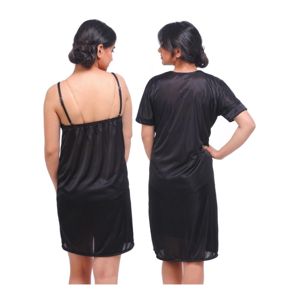 Women's Satin 2 PCs Set Of Nighty And Wrap Gown with Half Sleeve Nightdress(Color: Black, Neck Type: V Neck)