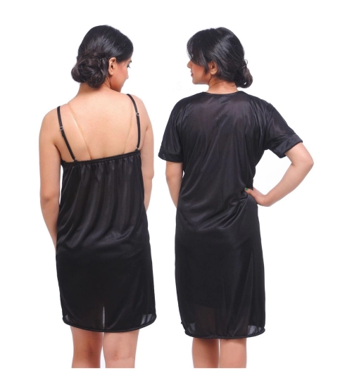 Women's Satin 2 PCs Set Of Nighty And Wrap Gown with Half Sleeve Nightdress(Color: Black, Neck Type: V Neck) Women's Satin 2 PCs Set Of Nighty And Wrap Gown with Half Sleeve Nightdress(Color: Black, Neck Type: V Neck)