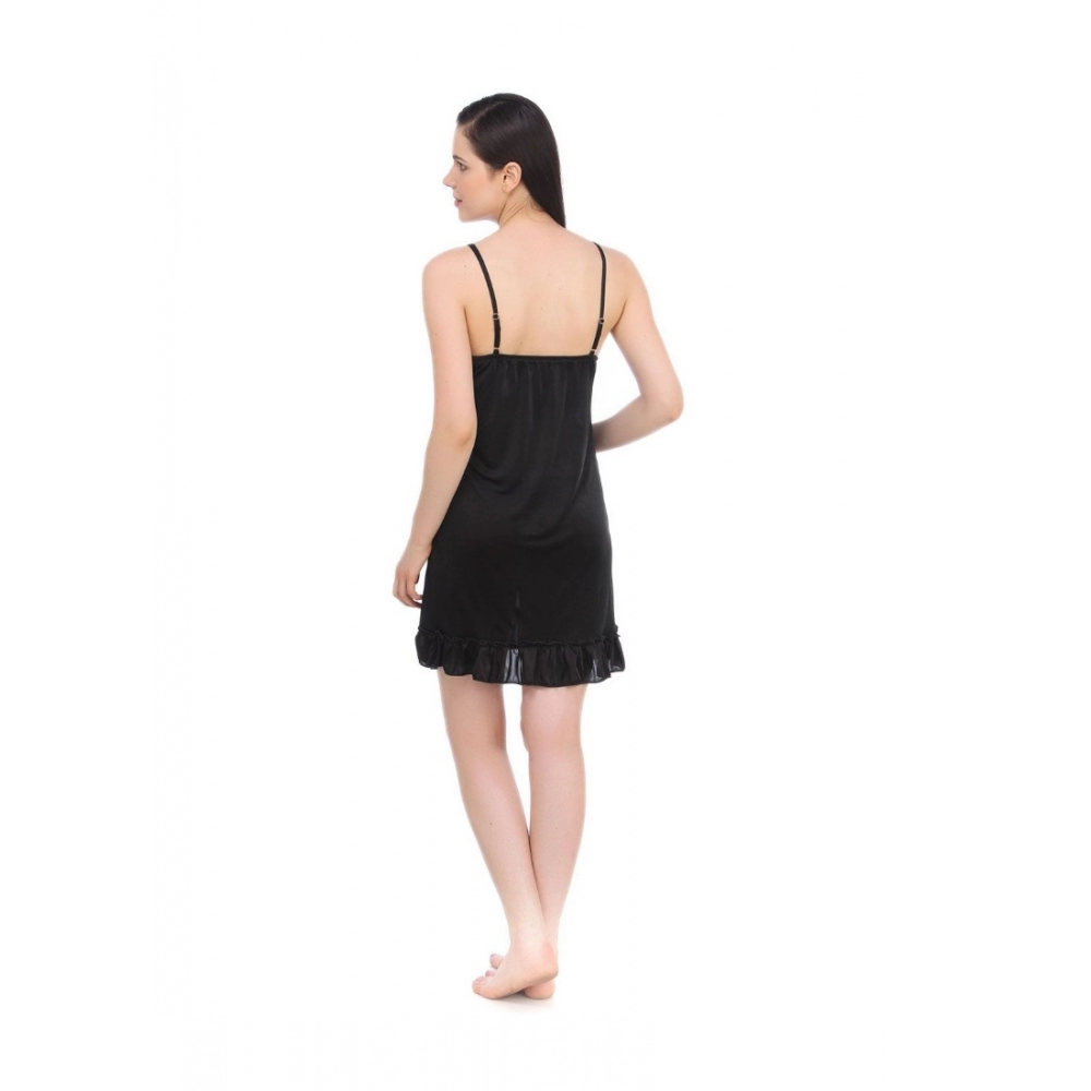 Women's Satin Short Nighty with Sleeve Less(Color: Black, Neck Type: V Neck)