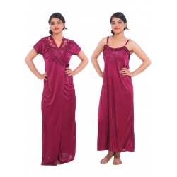 Women's Satin 2 PCs Set Of Nighty And Wrap Gown Mega Sleeve(Color: Wine, Neck Type: Square Neck)