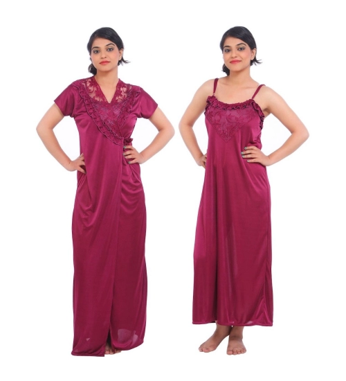 Women's Satin 2 PCs Set Of Nighty And Wrap Gown Mega Sleeve(Color: Wine, Neck Type: Square Neck)