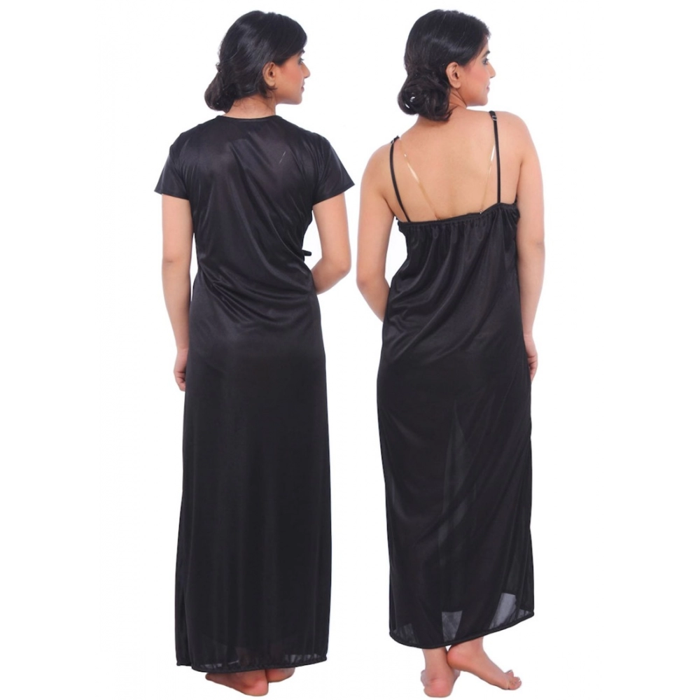 Women's Satin 2 PCs Set Of Nighty And Wrap Gown Mega Sleeve(Color: Black, Neck Type: Square Neck)