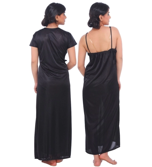 Women's Satin 2 PCs Set Of Nighty And Wrap Gown Mega Sleeve(Color: Black, Neck Type: Square Neck)