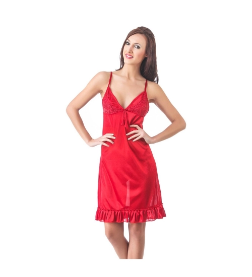 Women's Satin Short Nighty with Sleeve Less(Color: Red, Neck Type: V Neck)