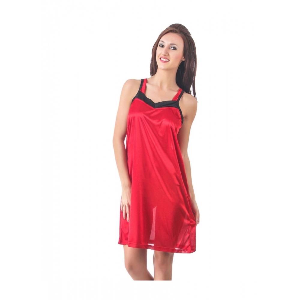 Women's Satin Short Nighty with Sleeve Less(Color: Red, Neck Type: Square Neck)
