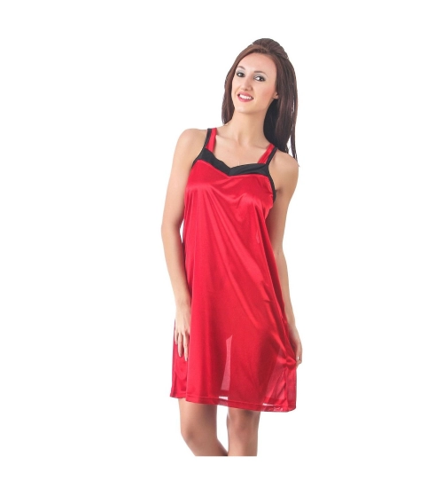 Women's Satin Short Nighty with Sleeve Less(Color: Red, Neck Type: Square Neck)